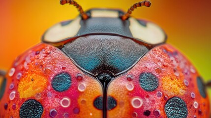 A ladybug's shell captured in vibrant detail under a biological microscope, revealing intricate geometric spots and vibrant colors.