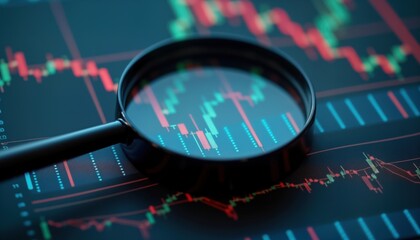 Aufkleber - Financial chart analysis. Magnifying glass focuses on stock market data. Trend research on price fluctuations. Investor examines price data for investment strategies. Detail of trading indicators.