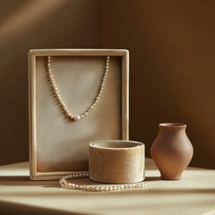 Poster - Elegant Still Life Arrangement Featuring a Pearl Necklace, Ceramic Vase, and Textured Container in Warm Neutral Tones