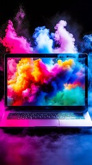 Poster - Colorful smoke surrounding laptop showing vibrant digital display : Generative AI
