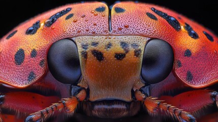 Microscopic view of a ladybug's compound eyes, showcasing intricate geometry and vibrant colors of its visual structure in stunning detail.