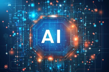 Fototapete - Futuristic Digital Representation of Artificial Intelligence With Circuitry and Glowing Elements in Blue and Orange Colors