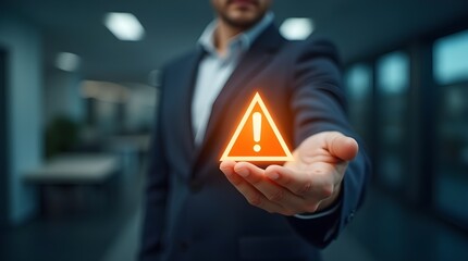 Technology for managing risks: a businessman holds a glowing alert symbol, which highlights the active assessment and management of risks in business.