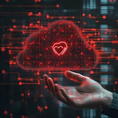 Poster - Digital Cloud Representing Health Data Protection With a Heart Symbol During a Technological Conference in a Modern Office Setting at Nighttime