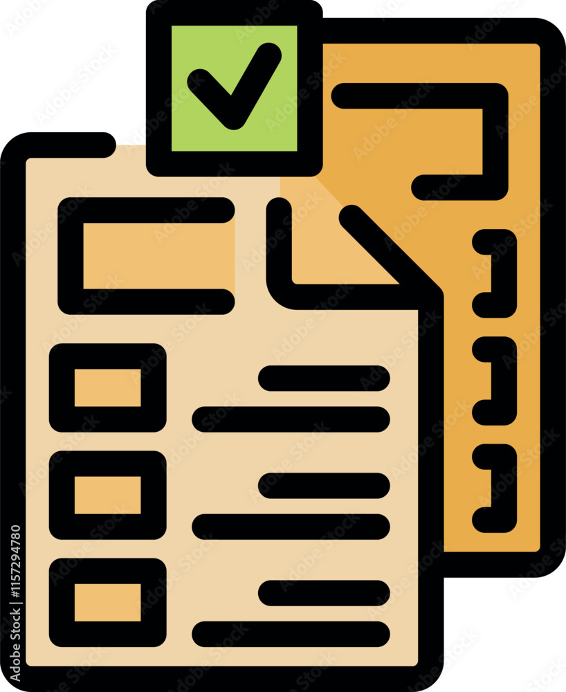 Documents with checkboxes and a check mark icon, symbolizing completion ...
