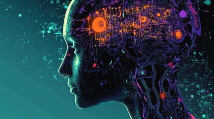 Aufkleber - Innovative Representation of Artificial Intelligence in Profile View Showcasing a Technology-Infused Head in Vibrant Colors