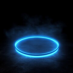 Poster - Bright Blue Glowing Circular Portal With Misty Atmosphere in a Dark Environment Creating a Mystical Effect at Night