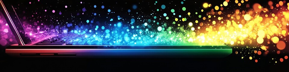 Aufkleber - Vibrant Rainbow Light Spectrum Streaming from Edge of Sleek Laptop Design : Generative AI