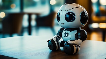 Aufkleber - Adorable Advanced Robot Toy with Glowing Features in Modern Cafe Scene : Generative AI