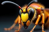 Close-up macro view of Asian hornet head. Yellow-legged hornet Vespa velutina insect details. Macro photo shows insect features. Details of insect head visible. Predatory wasp species from Southeast