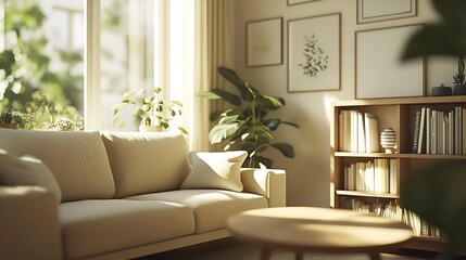 Poster - Cozy Sunlit Living Room Interiordesign with Plants and Bookshelves for Modern Urban Apartment : Generative AI