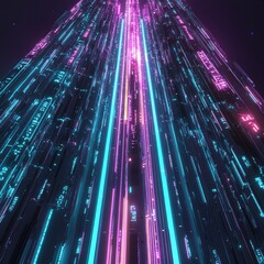 Poster - Bright Neon Lights Create a Futuristic Tunnel With a Blend of Pink and Blue Hues, Resembling Advanced Technology and Digital Landscapes at Night
