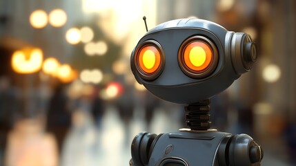 Poster - Friendly Futuristic Robot With Glowing Eyes In Urban Setting At Dusk : Generative AI
