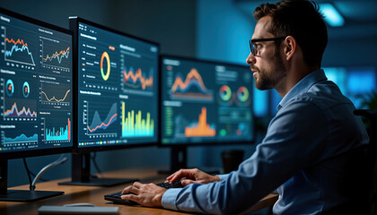Poster - Analyst reviews tech dashboards. Multiple computer screens display data visualizations. Business info analysis. Financial data management system connected. Operations, sales tech monitoring.