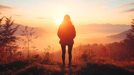 Silhouetted woman standing on mountaintop at sunrise, overlooking misty valley.