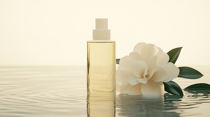 Poster - Elegant Floral and Cosmetic Bottle Arrangement on Rippling Water : Generative AI