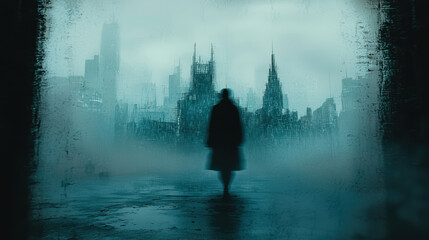 Wall Mural - mysterious figure stands in foggy futuristic cityscape