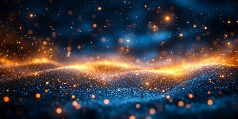 Poster - Dynamic Golden and Blue Particles Create a Mesmerizing Abstract Landscape Resembling a Night Sky Filled With Shimmering Stars and Cosmic Dust