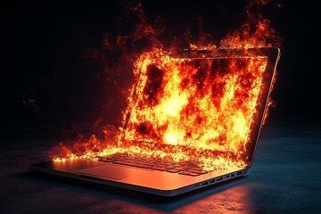 Poster - Modern laptop aflame representing tech failure and overheating issues : Generative AI
