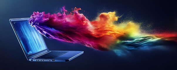 Poster - Visual representation of a laptop emitting a vibrant cloud of colors symbolizing creativity and digital transformation : Generative AI