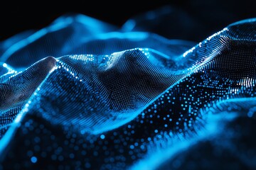 Fototapete - Vibrant Blue Digital Waves Creating a Dynamic Visual Representation of Sound or Data in a Dark Environment