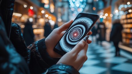 Champion using smartphone in blurred shop interior with hypnotic pattern display