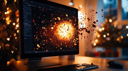 Aufkleber - Explosive Digital Art on Computer Screen Capturing Festive Holiday Spirit : Generative AI