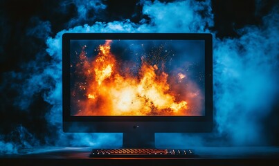 Aufkleber - Intense Flames and Smoke Emanating from Computer Highlight Cyber Threats : Generative AI
