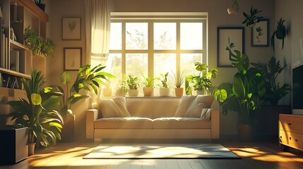 Poster - Warm Sunlit Living Room with Abundant Green Plants and Cozy Interior Ambiance : Generative AI