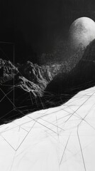 Poster - Surreal Landscape Featuring Sharp Contrasts and a Large Celestial Body Overlooking Jagged Mountains in a Monochromatic Setting