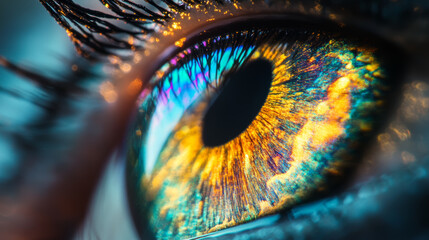 Poster - vibrant close-up of an eye showcasing intricate colors and patterns reflecting light and depth