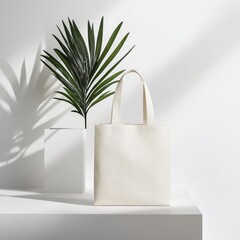 Poster - Minimalist White Tote Bag Placed Next to a Green Palm Plant in a Bright, Modern Setting During Daylight Hours