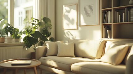 Poster - Sunlit Minimalist Living Room Decor with Stylish Sofa and Indoor Plants in Cozy Home : Generative AI