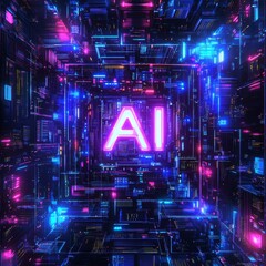 Aufkleber - Vibrant Geometric Patterns Illuminate the Digital Landscape With Neon Colors Representing Artificial Intelligence and Technology