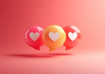 Poster - Colorful Thought Bubbles With Heart Symbols Floating Against a Soft Pink Background, Evoking Feelings of Love and Connection