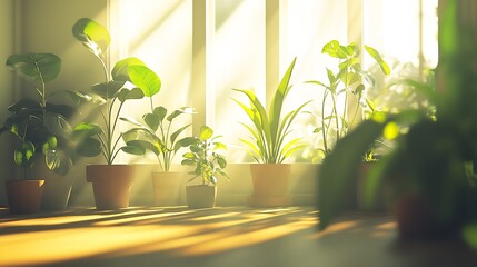 Poster - Sunlit Indoor Garden with Lush Potted Plants Illuminated by Natural Light : Generative AI