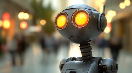Poster - Adorable Black Futuristic Robot With Bright Eyes In Bustling City Scene : Generative AI