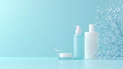 Aufkleber - Elegant Blue and White Cosmetic Containers with Delicate Flowers on Pastel Backdrop : Generative AI