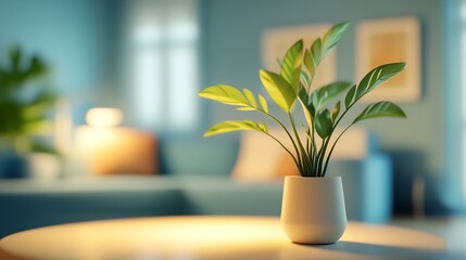 Poster - Elegant Green Plant in a Minimalistic Living Room with Soft Lighting and Warm Blue Accents : Generative AI