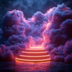 Poster - Ethereal Staircase Emerges From Mystical Clouds Illuminated by Vibrant Pink and Purple Light Under a Starry Night Sky
