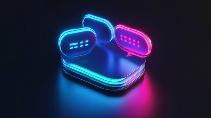 Poster - Bright Neon Chat Bubbles Glowing Against a Dark Background Symbolize Digital Communication in Modern Technology