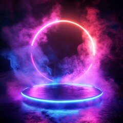 Poster - Light and Smoke Create a Vibrant Neon Circle and Platform for a Creative Setting in a Dark Atmosphere