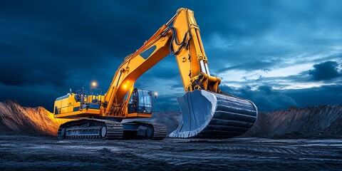Poster - Powerful Yellow Excavator Against Dramatic Sky in Construction Zone : Generative AI