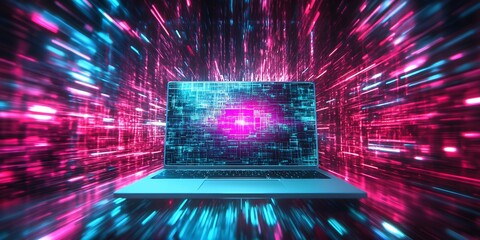 Poster - Futuristic Laptop Surrounded by Digital Neon Light Trail for Technology Concept : Generative AI