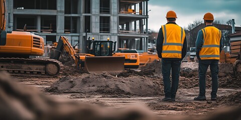 Poster - Construction Workers Supervising Building Site with Heavy Equipment in Progress : Generative AI