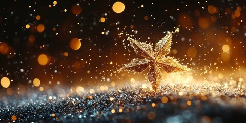 Poster - Glittering Star Shape Surrounded by Sparkling Particles and Lights in a Warm Golden Ambiance at an Artistic Display
