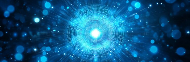 Poster - Vibrant Blue Light Bursts Radiating Energy in a Digital Cosmic Environment Showcasing Abstract Visual Effects and Glowing Particles