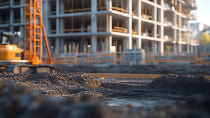 Poster - Construction Site Landscape with Heavy Machinery and Building Frame in Urban Environment : Generative AI
