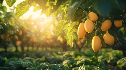 Ripe mangoes on tree branch at sunset.