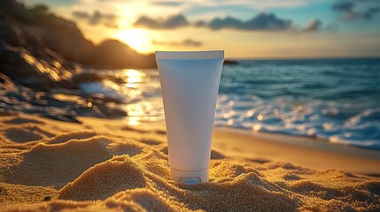 Poster - Sunscreen tube on sandy beach during sunset with ocean waves : Generative AI
